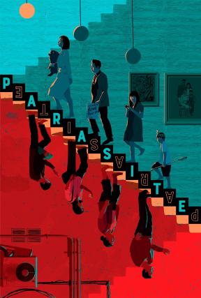 A red and blue promotional poster for the 2019 film "Parasite."