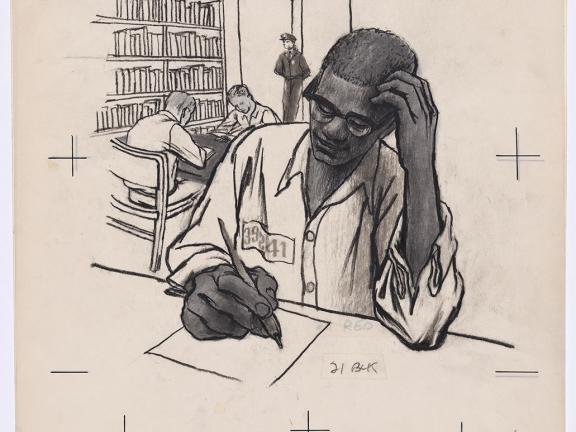Depicts a young Malcom X studying in a prison library 
