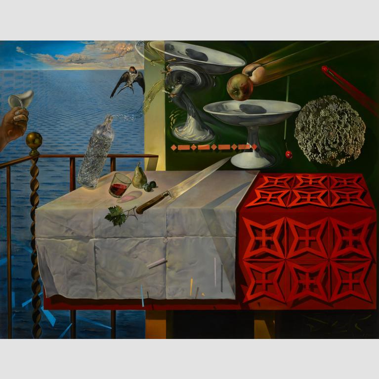 Fruit, glassware, a bird, a knife, and serving platters float above a table covered in white and red tablecloths, sitting on a patio overlooking the sea. 