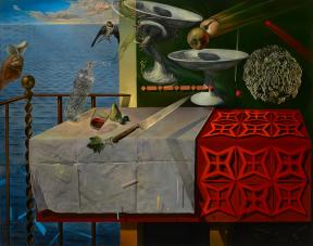 Fruit, glassware, a bird, a knife, and serving platters float above a table covered in white and red tablecloths, sitting on a patio overlooking the sea. 