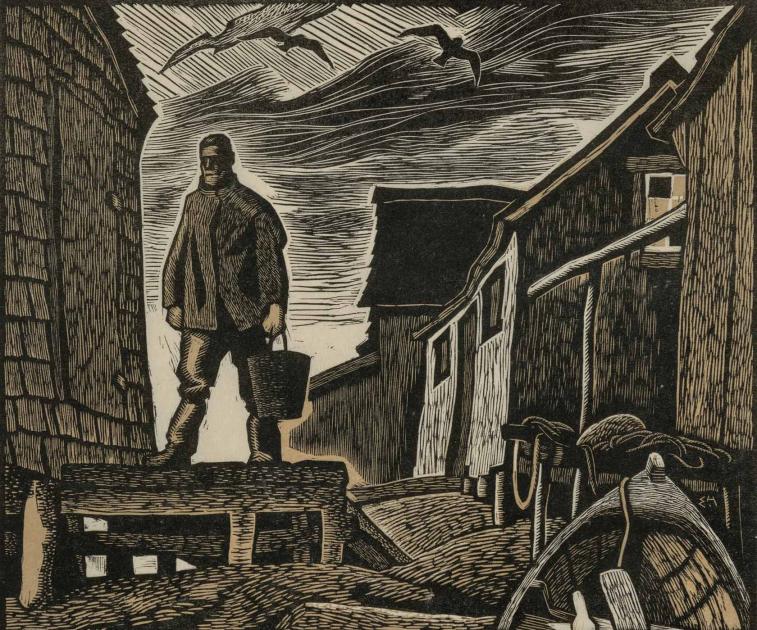 A black-and-white, highly stylized image of a man on a dock in front of fish houses and an overcast sky.