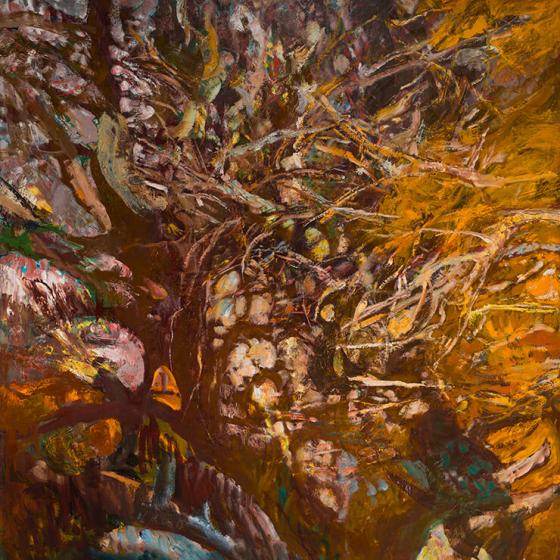 Red- and orange-hued abstract painting with branching streaks of color on top of splotches and more branches