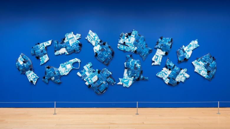 A blue wall with cyanotypes of various shapes and depicting various images--faces and flowers among them.