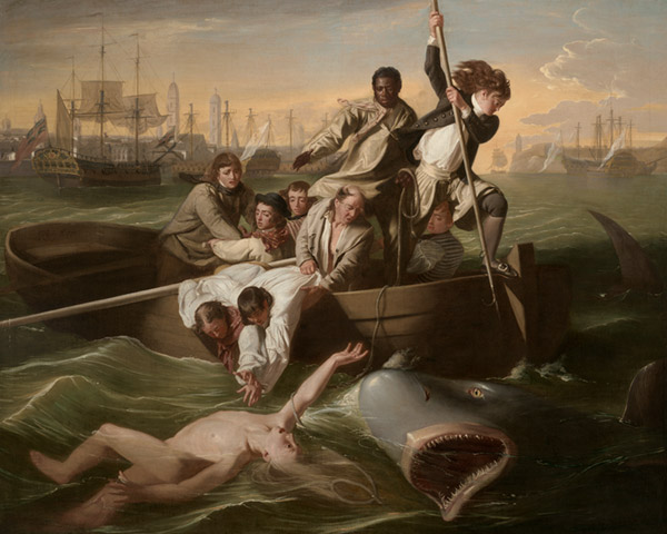 The dramatic composition depicts the attack of a shark on fourteen-year-old cabin boy Brook Watson in the waters of Havana Harbor