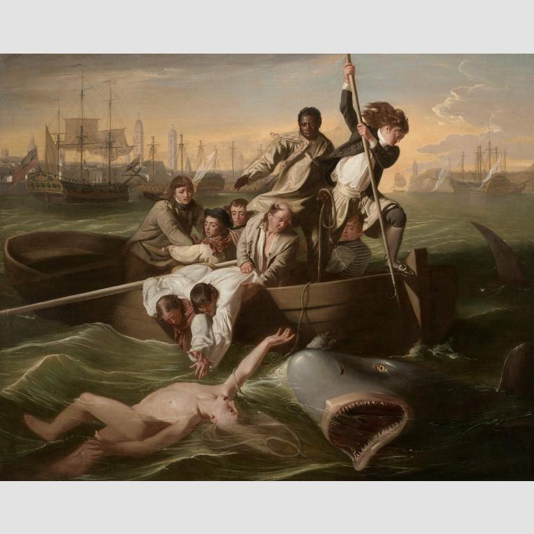 Copley painting depicting men on rowboat trying to rescue person in water from shark