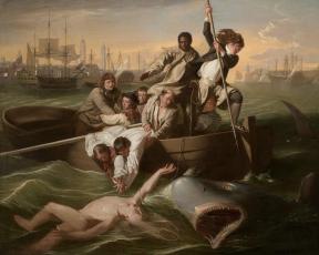Copley painting depicting men on rowboat trying to rescue person in water from shark