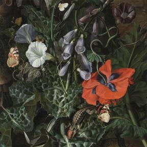 Rachel Ruysch, Forest Floor with a Classical Facade Beyond (detail), about 1687.