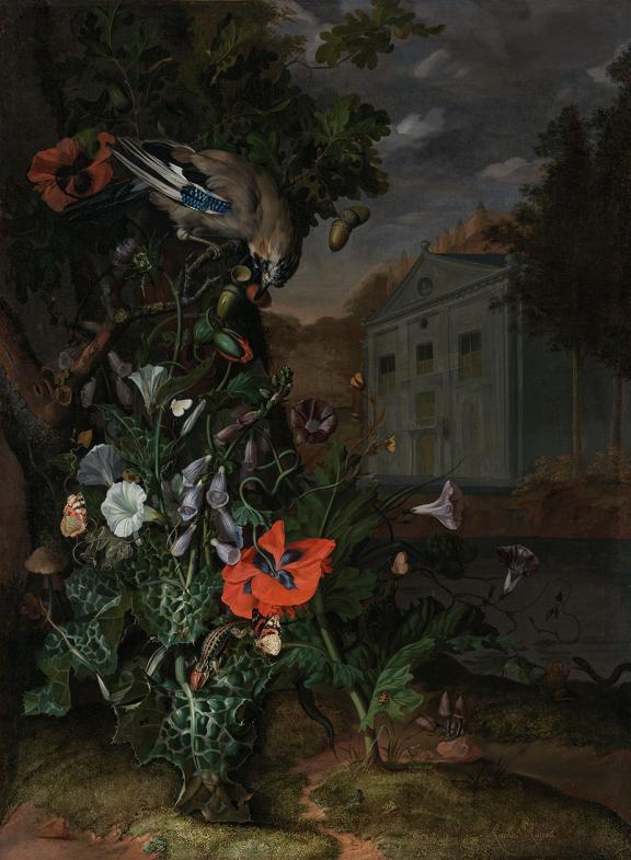 Rachel Ruysch, An Arrangement of Flowers by a Tree Trunk, about 1683