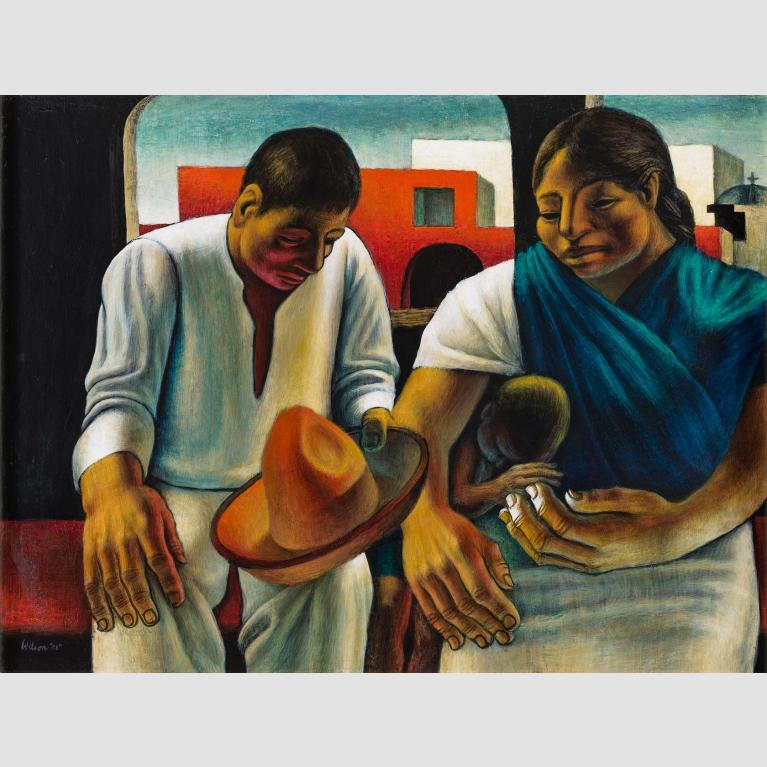 Painting depicts a peasant family sitting on a bus stop