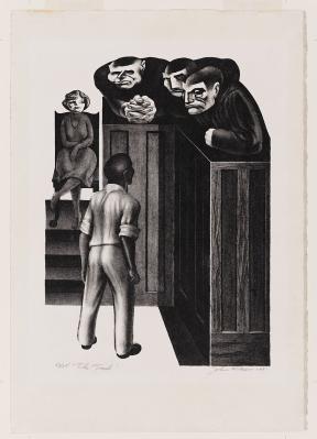 Depicting a young black man awaiting a judgement from three looming white judges 