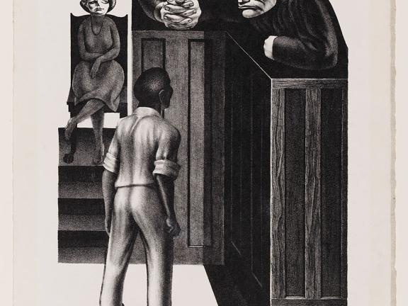 Depicting a young black man awaiting a judgement from three looming white judges 