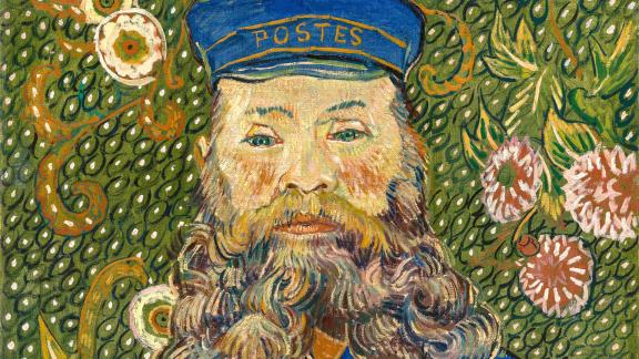 Colorful painting depicting a man with a blue hat that reads "Postes" and a long, curly grey beard.