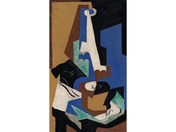 Painting composed of various geometric shapes in shades of blue, brown, tan, and white