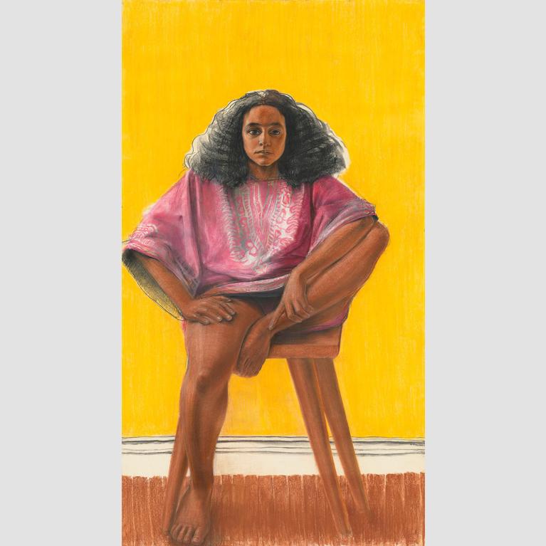 Detail of crayon and charcoal drawing of young Black woman wearing dark pink poncho in front of yellow wall