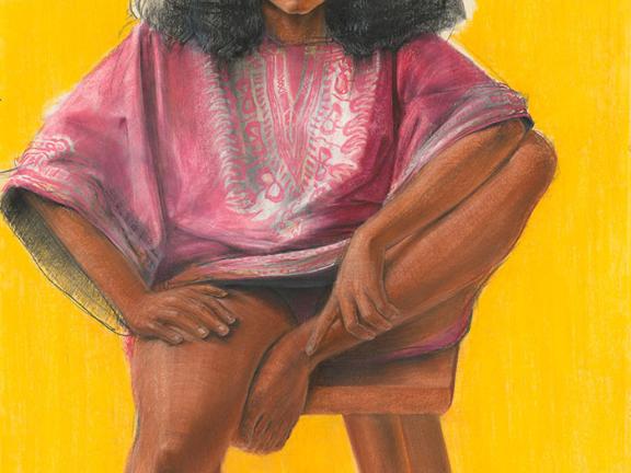 Detail of crayon and charcoal drawing of young Black woman wearing dark pink poncho in front of yellow wall