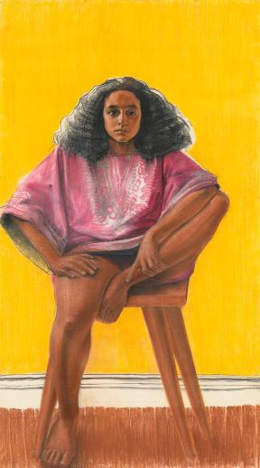 Detail of crayon and charcoal drawing of young Black woman wearing dark pink poncho in front of yellow wall