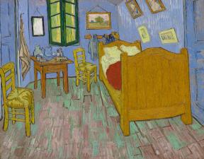 The painting depicts a minimalist styled room with a bed, two chairs a small table, and a washbasin 