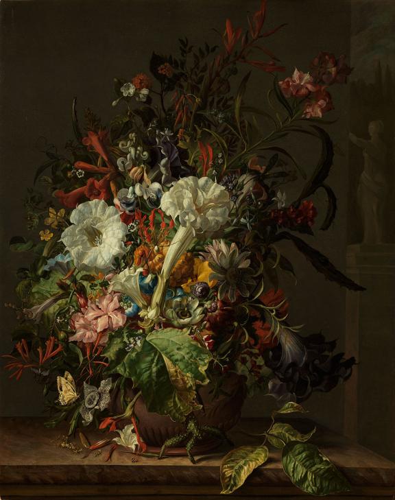 Painting depicting arrangement of flowers with white lilies prominently in the center and yellow butterfly hovering nearby