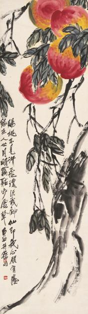 Stylized cluster of peaches on a branch with leaves alongside scripture.