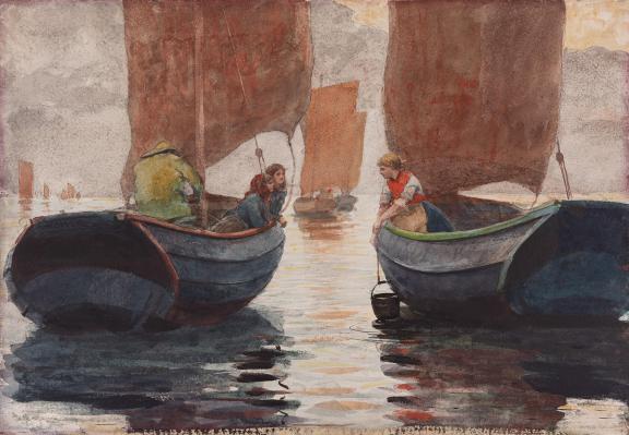 watercolor painting depicting two women leaning over edge of boat on calm waters, talking at another woman leaning across another boat