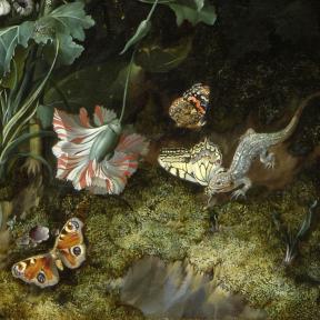 Rachel Ruysch, An Arrangement of Flowers by a Tree Trunk (detail), about 1683.