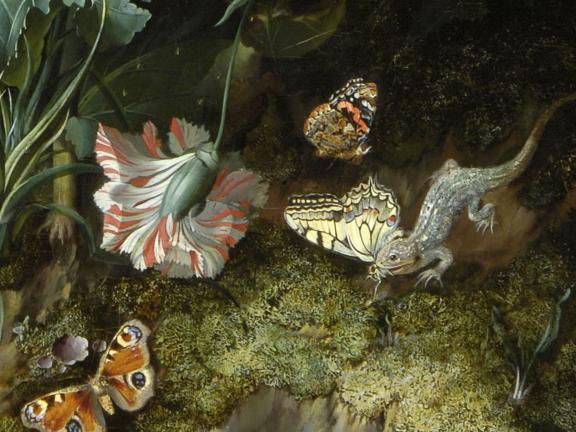 Rachel Ruysch, An Arrangement of Flowers by a Tree Trunk (detail), about 1683.