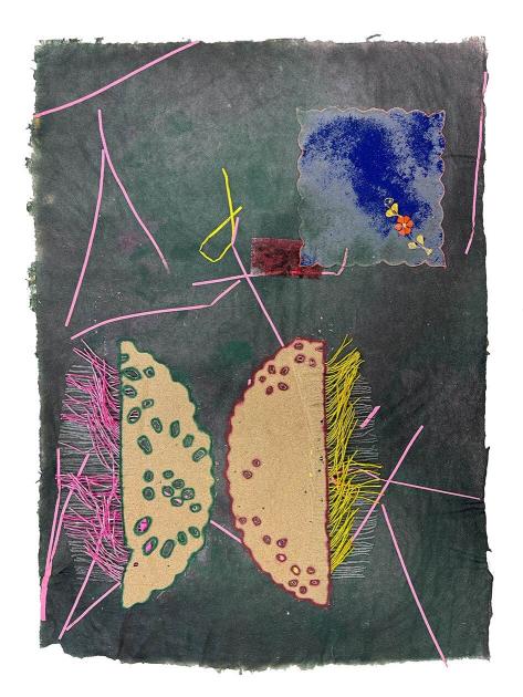 Abstract artwork with pink and yellow lines interacting with blue smudges against a gray background.