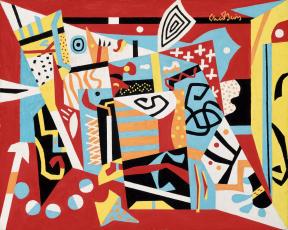 An abstract painting that employs the colors red, orange, yellow, blue, black, white to depict both a landscape and still life forms 