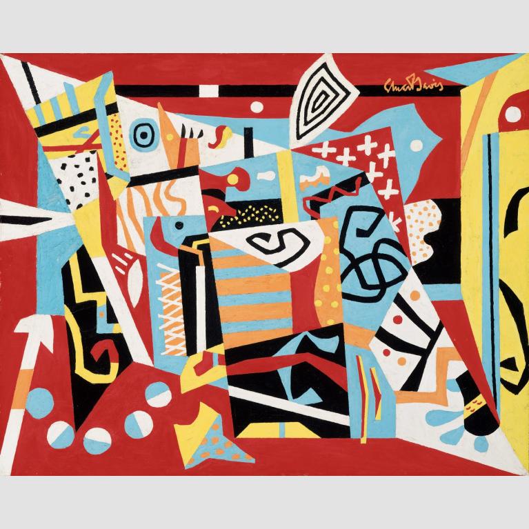 An abstract painting that employs the colors red, orange, yellow, blue, black, white to depict both a landscape and still life forms 