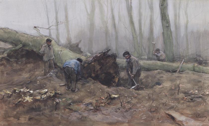 Four men in a grey forest dig up a rotten tree that has fallen over.