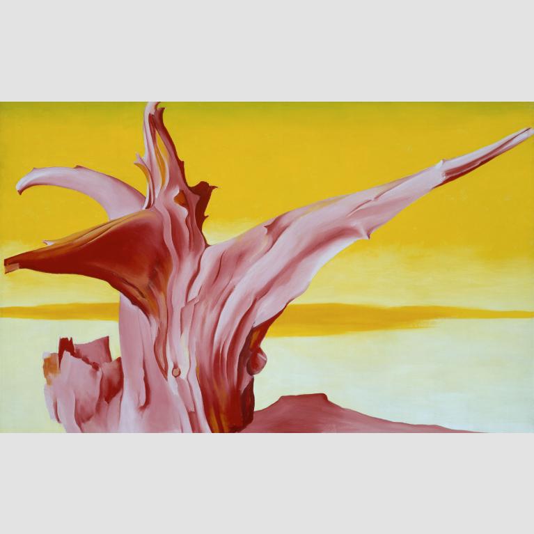 A surreal painting features a twisted, abstract red and pink structure against a bright yellow background with soft gradients.