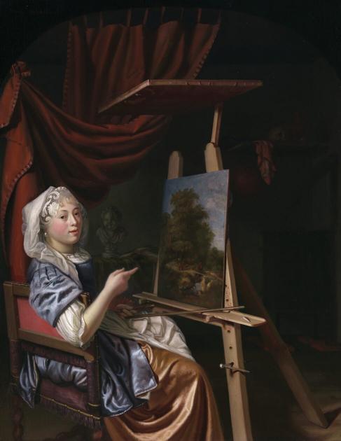 painting of woman in a dress and head covering, seated in front of a landscape painting on an easel