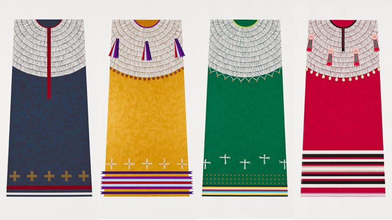 Four screen prints of traditional Indigenous outfits—one blue, one yellow, one green, and one red—all with metallic foil and cross decorations.