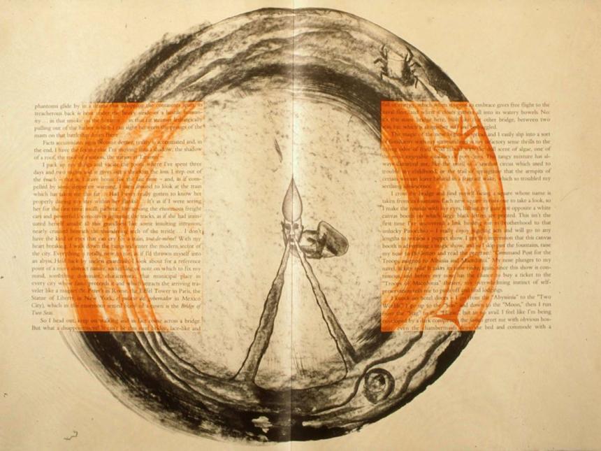 Illustrations by Francesco Clemente spread across two pages in book, The Departure of the Argonaut