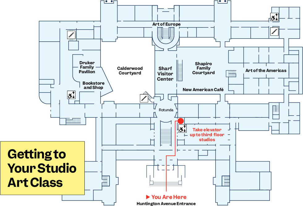 map showing route from Huntington Avenue entrance to third floor studios