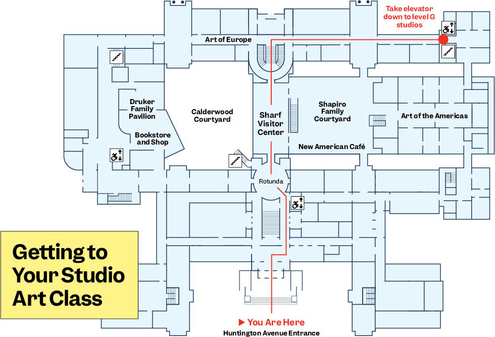 map showing route from Huntington Avenue entrance to Level G studios