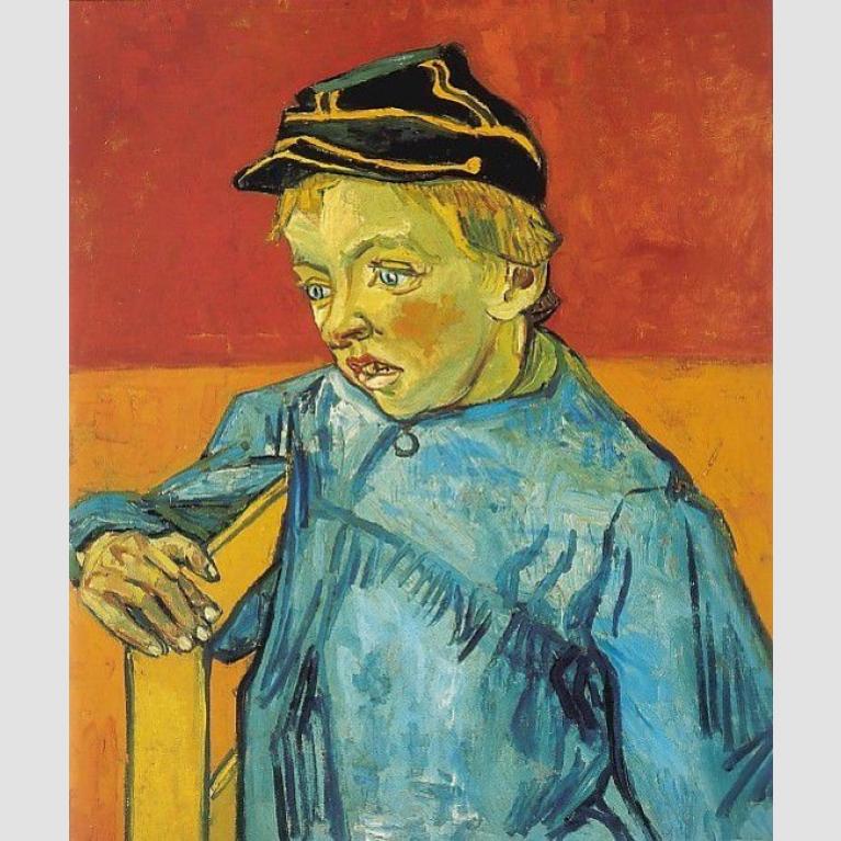 Portrait of Camille Roulin in a blue shirt, black hat 