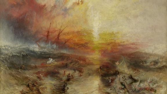 detail of impressionistic painting depicting sunset-lit ocean with tall sailing ship in the distance, and bodies and cargo floating in waves in foreground