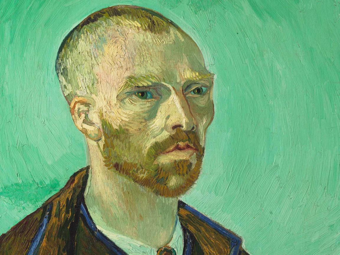 Van Gogh  self-portrait, depicting artist with red beard and very short hair in front of blue-green background