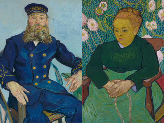 Van Gogh's portraits of Joseph Roulin and his wife Augustine; Vincent van Gogh, Postman Joseph Roulin (detail), 1888